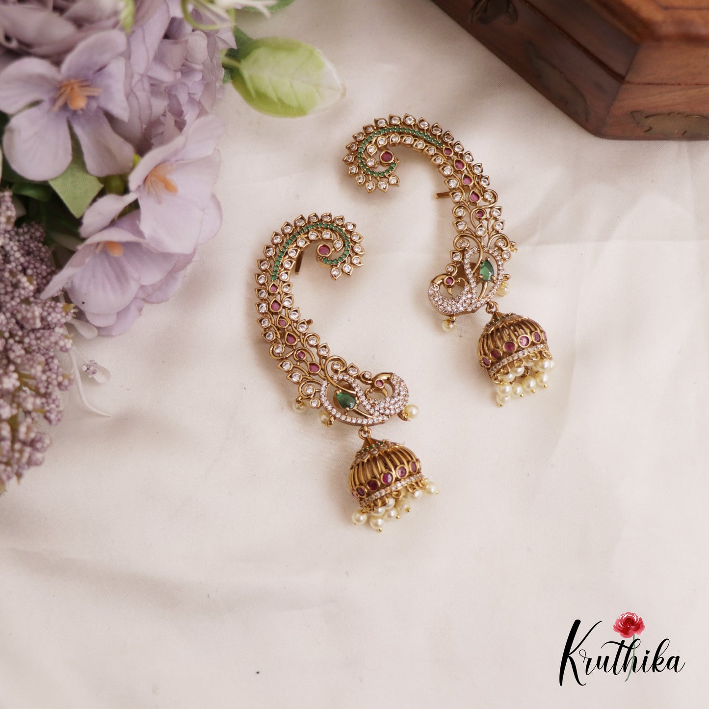 Stunning Peacock Motifs Kemp Ear Cuff With Jhumka E998 (Available In 2 Colors)