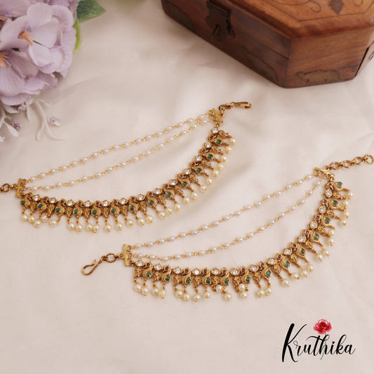 Elegant Kemp Peacock Pearl Drop With Three Layered Earchains EC165