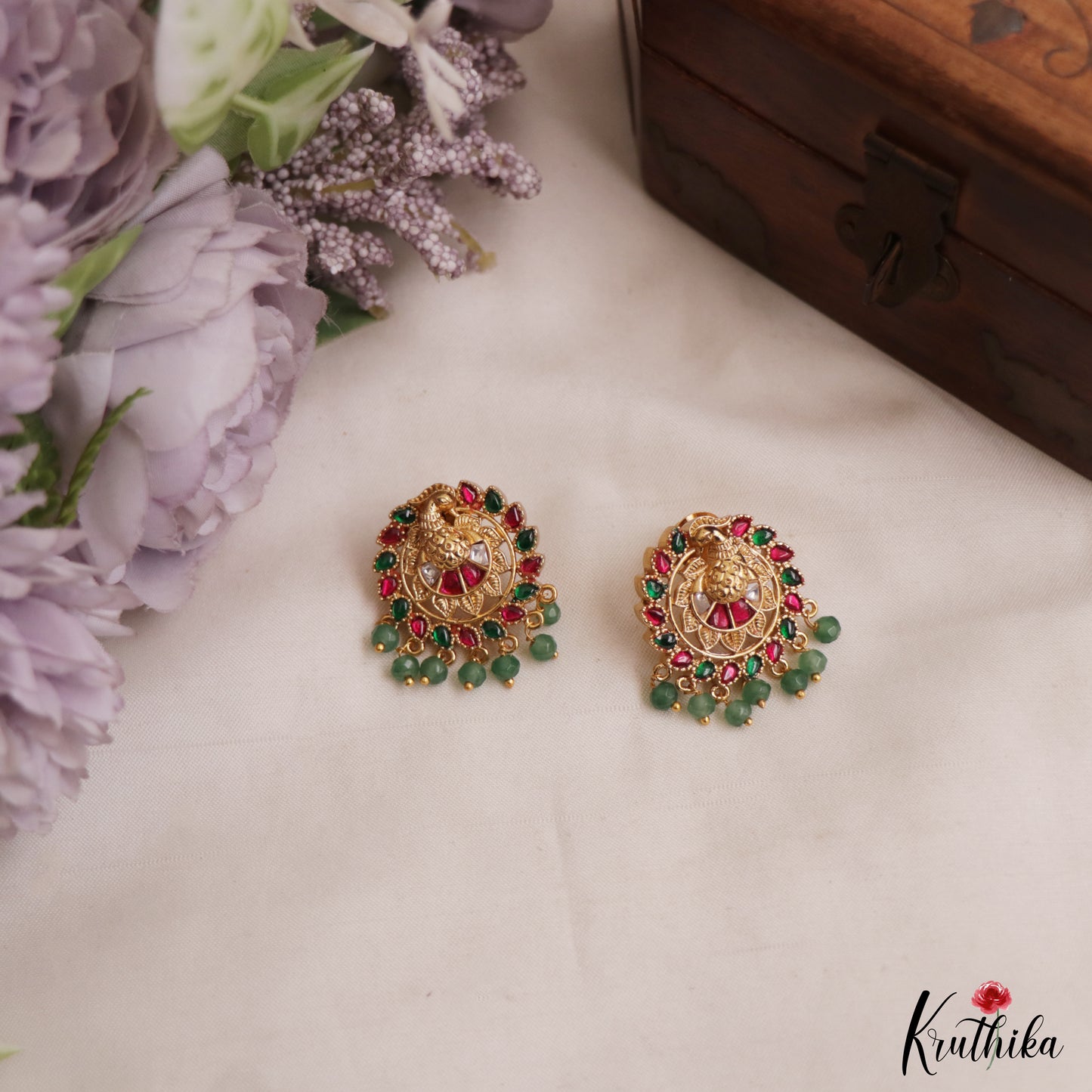 Elegant Peacock Motifs Stud Earrings With Green Bead Drops E1158
