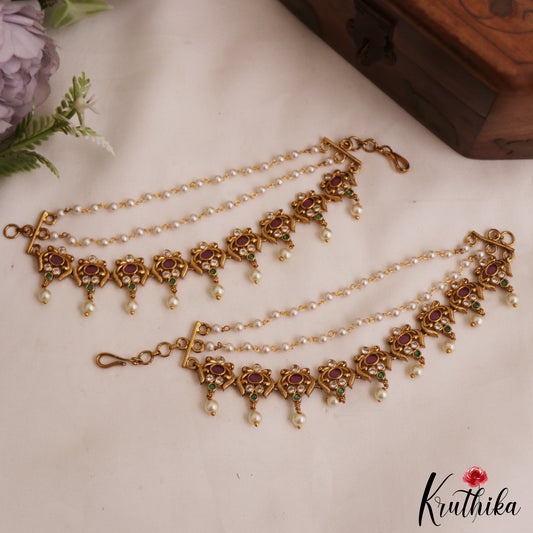 Beautiful Antique Floral Motifs Multi Strand Earchains With Pearl Drops EC211