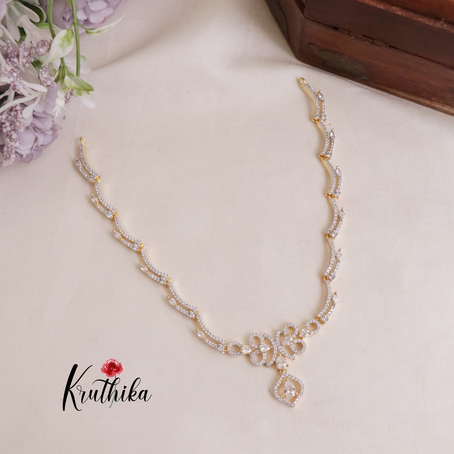 Beautiful Sparkling American Diamonds Gold Finish Necklace Set NC2062