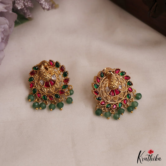Elegant Peacock Motifs Stud Earrings With Green Bead Drops E1158