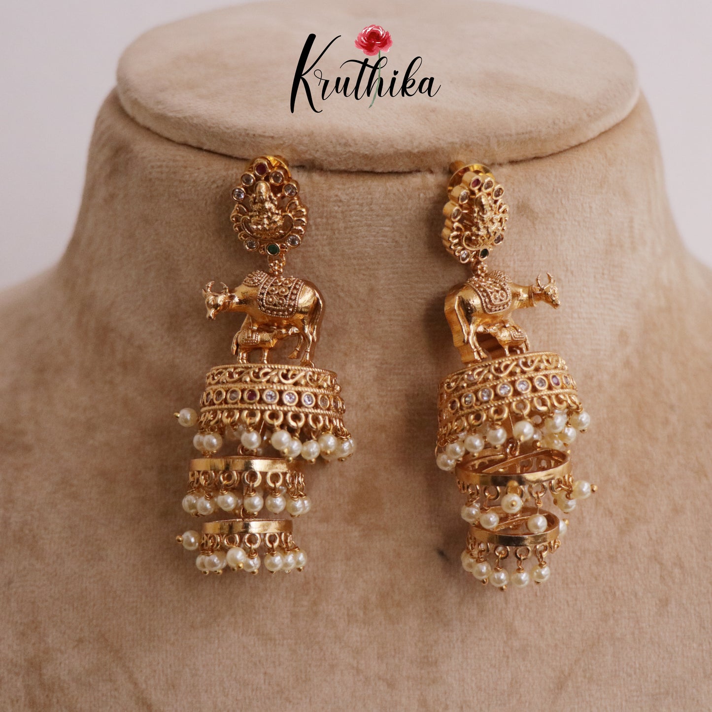 Beautiful AD Lakshmi Calf Three Layer Pearl Hanging Jhumkas E672