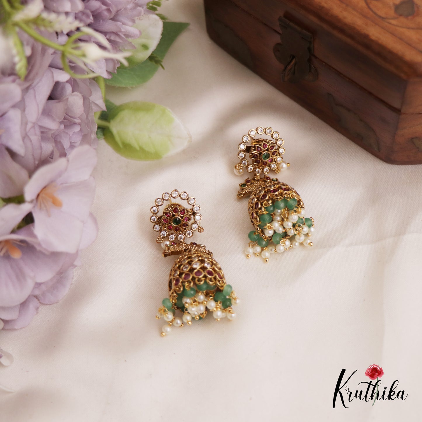 Gorgeous Floral Peacock Motifs Jadau Jhumka With Bead Drops E1000 (Available In 2 Colors)