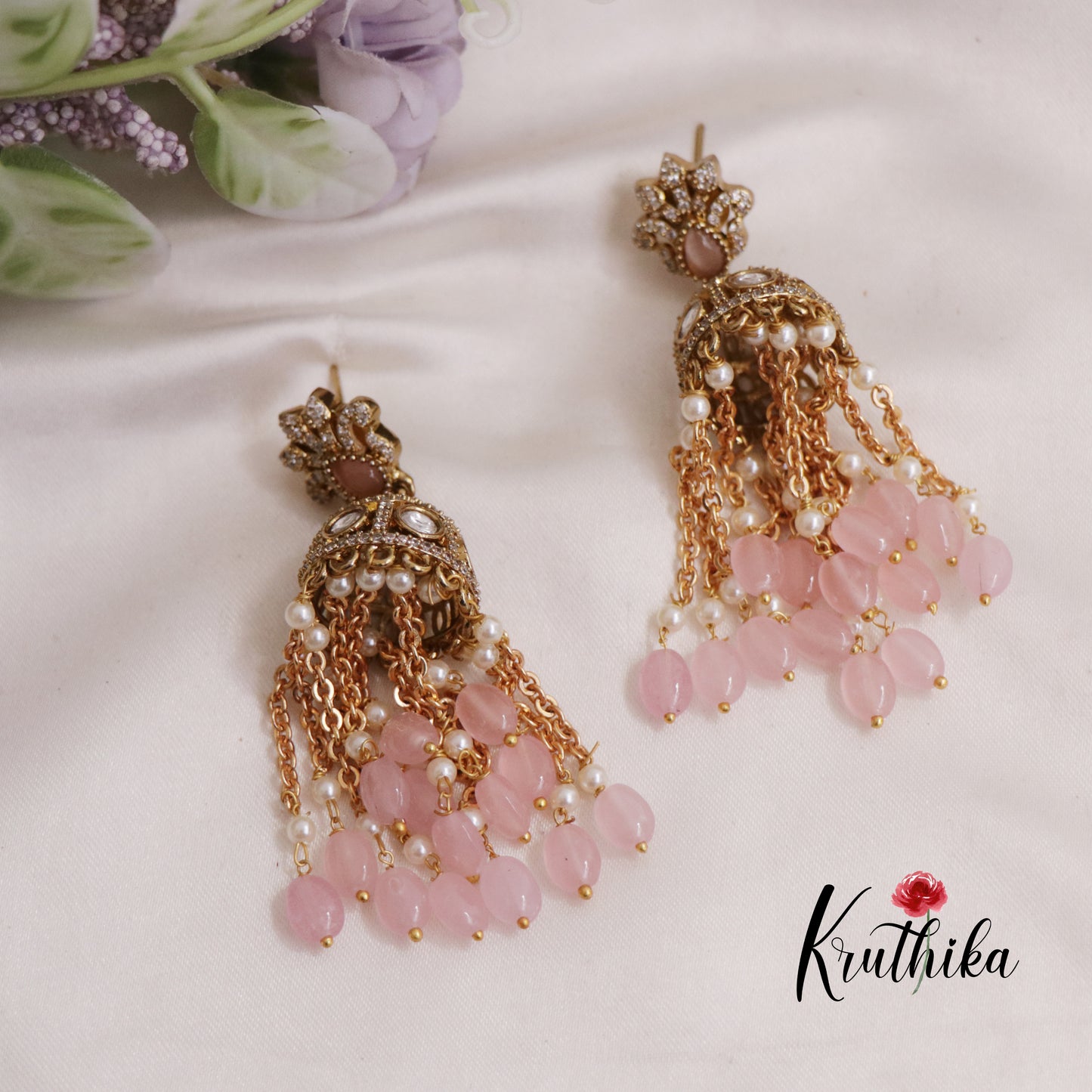Beautiful AD Stone Floral With Chain Bead Drops Jhumka Earrings E800