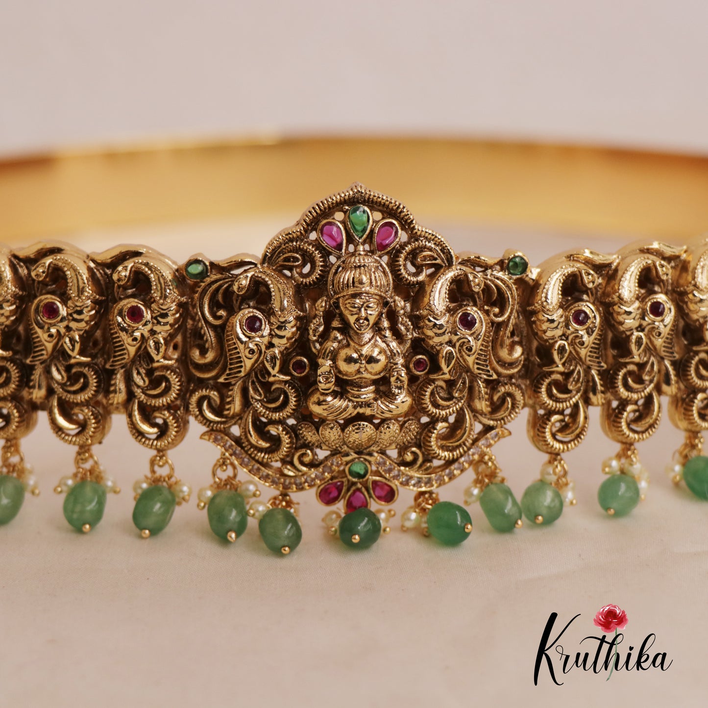 Premium Antique Nagas Lakshmi Peacock Hip Belt With Bead Drops V317 (Available In 2 Colours)