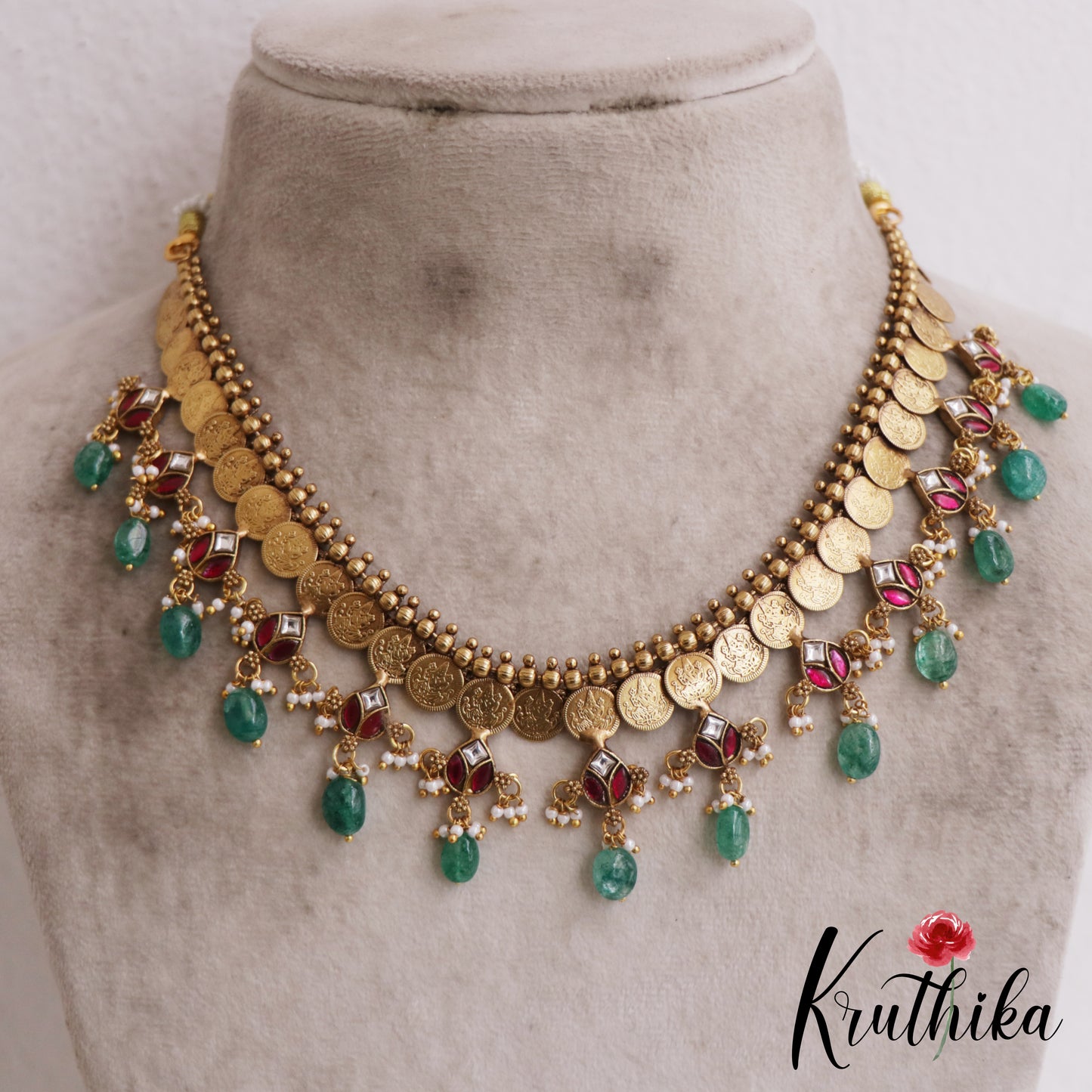 Classic Antique Lakshmi Kasu Jadau Necklace With Green Bead Drops NC2880
