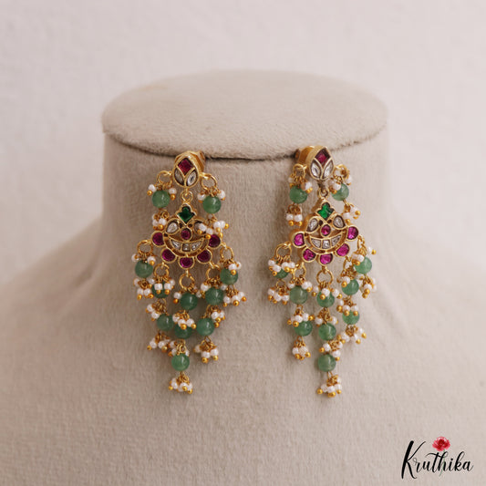 Pretty Floral Motifs Jadau Earrings With Green Bead Drops E1149