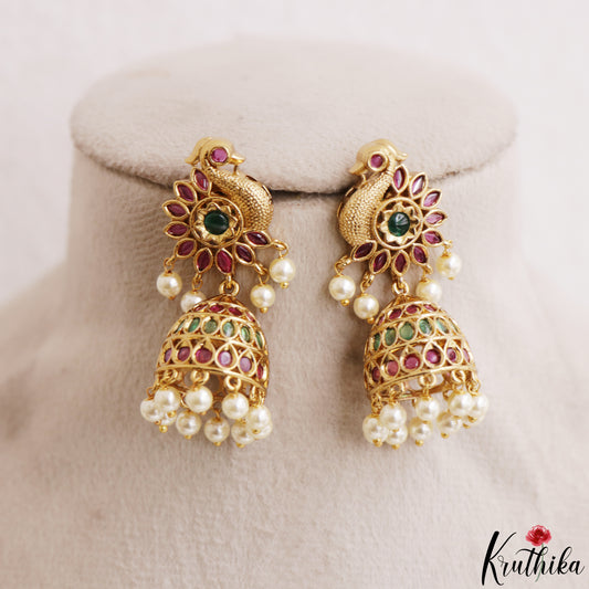 Classic Peacock Motifs Jhumkas With Pearl Drops E1214 (Available In 2 Colors)
