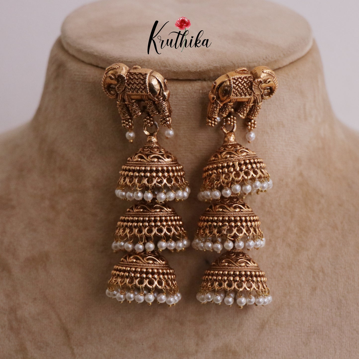 Premium Antique Elephant Triple-Layered Pearl Beaded Jhumkas E674