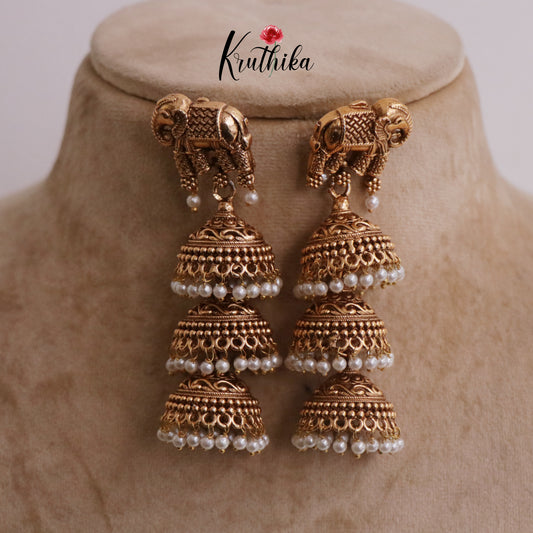 Premium Antique Elephant Triple-Layered Pearl Beaded Jhumkas E674