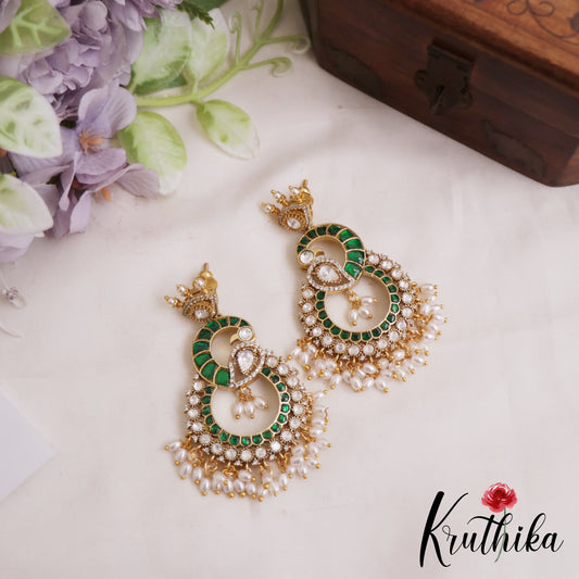 Stunning Peacock Motifs Jadau Earrings With Pearl Drops E1062 (Available In 2 Colors)