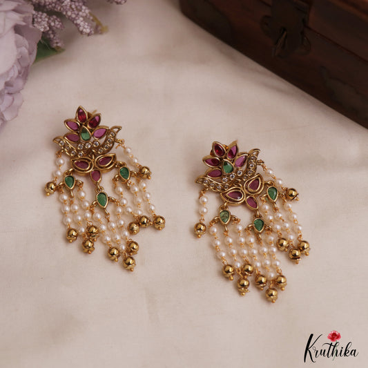 Trendy Floral Motifs Jadau Earrings With Pearl Drops E1150