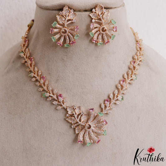 Trendy Floral Leaf Motifs CZ Victorian Necklace NC3128