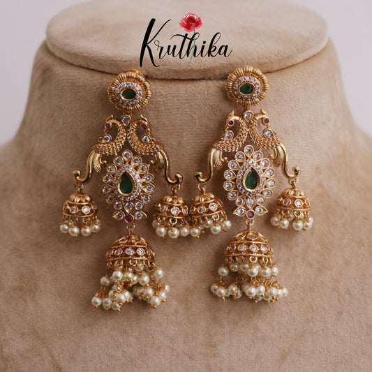 Elegant Antique Peacock Triple Layered Jhumka Earrings E675