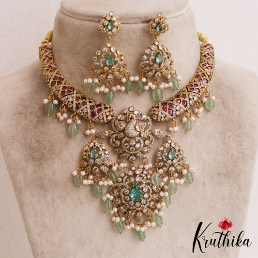 Stunning Peacock Teardrop Motifs AD Victorian Choker With Green Bead Drops NC2822