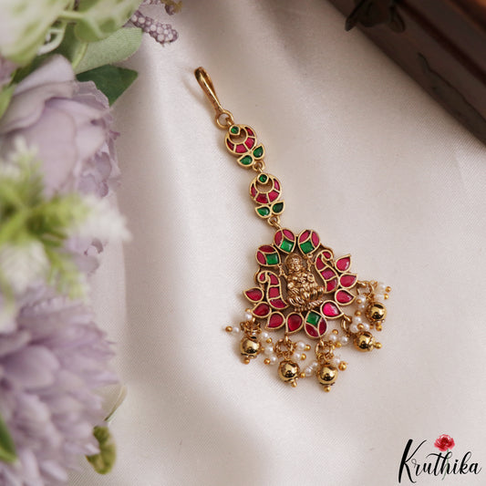 Elegant Antique Lakshmi Motifs Jadau Maang Tikka With Golden Bead Drops MT404 (Available In 4 Colors)