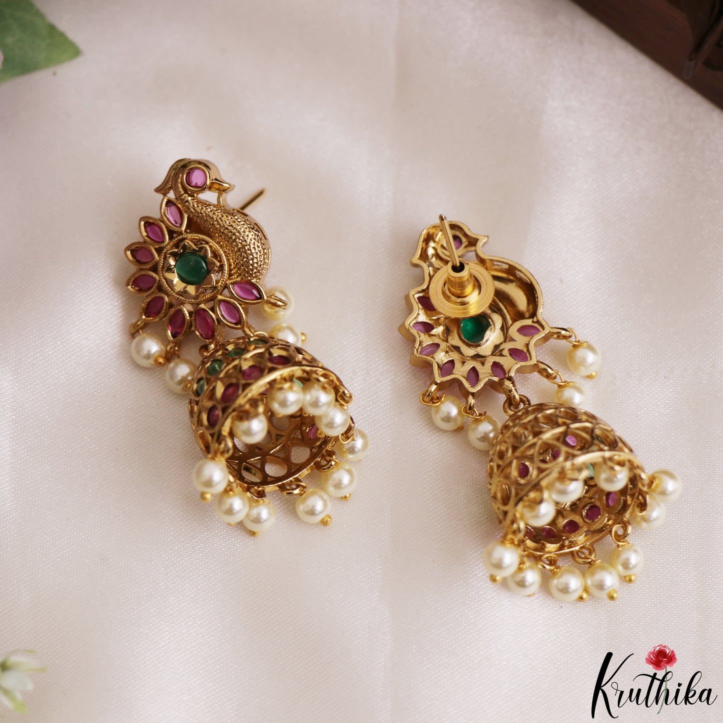 Classic Peacock Motifs Jhumkas With Pearl Drops E1214 (Available In 2 Colors)