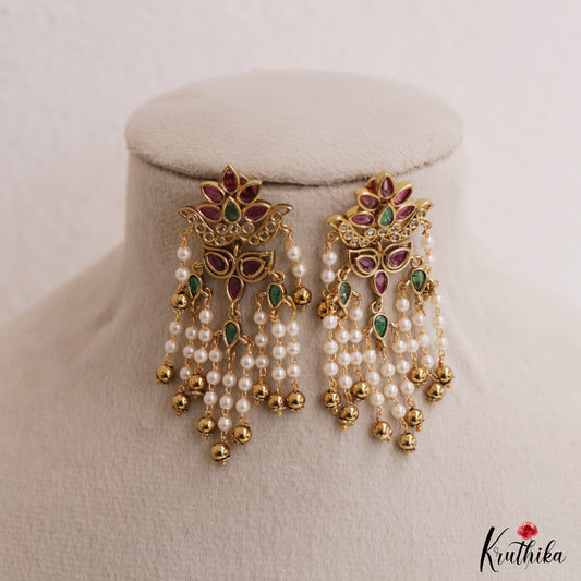 Trendy Floral Motifs Jadau Earrings With Pearl Drops E1150