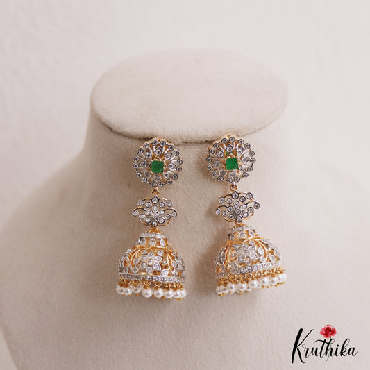 Elegant Floral Motifs AD Jhumkas With Pearl Drops E1098 (Available In 3 Colors)