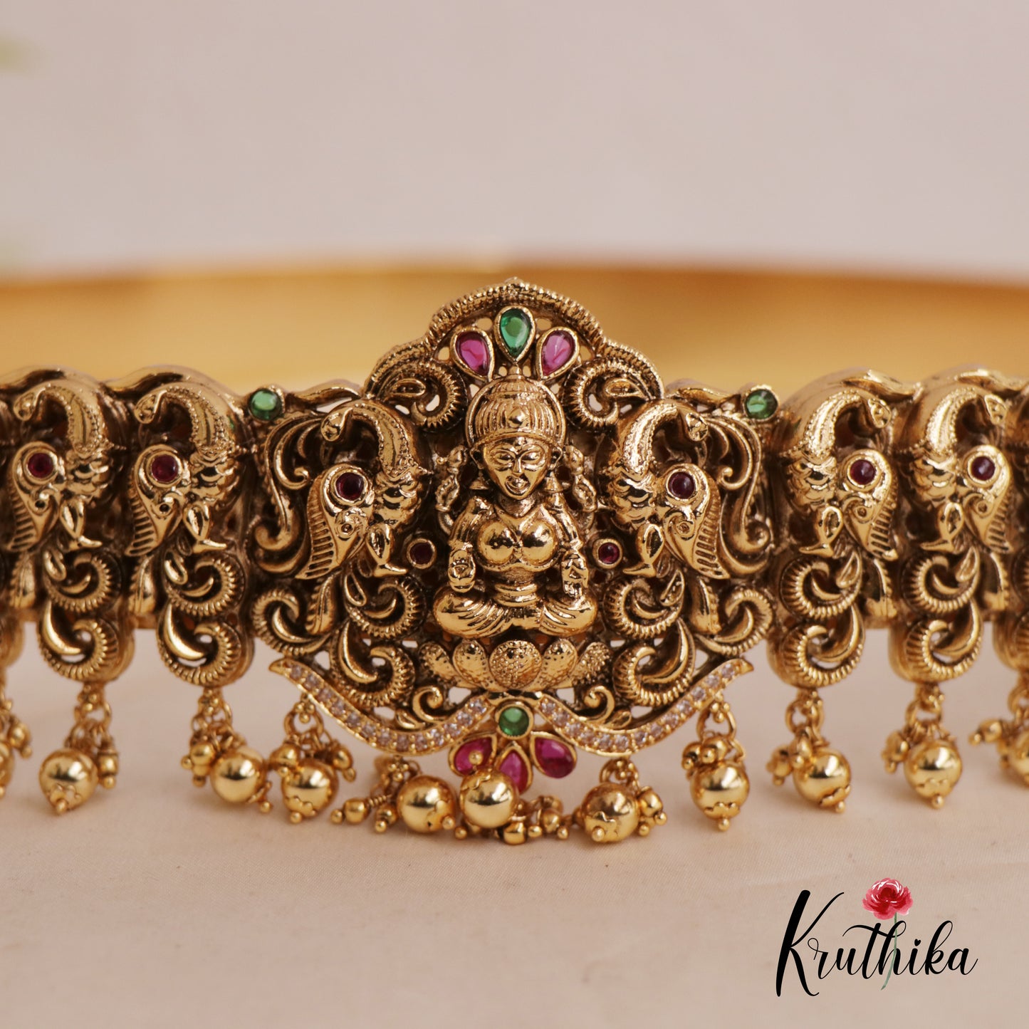 Premium Antique Nagas Lakshmi Peacock Hip Belt With Bead Drops V317 (Available In 2 Colours)