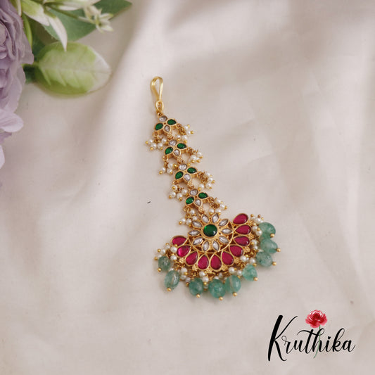 Gorgeous Floral Jadau Maang Tikka With Bead And Pearl Drops MT317