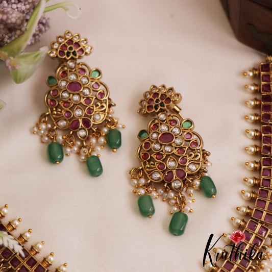 Stunning Floral Motifs Kemp Guttapoosalu Necklace With Green Bead Drops NC2826