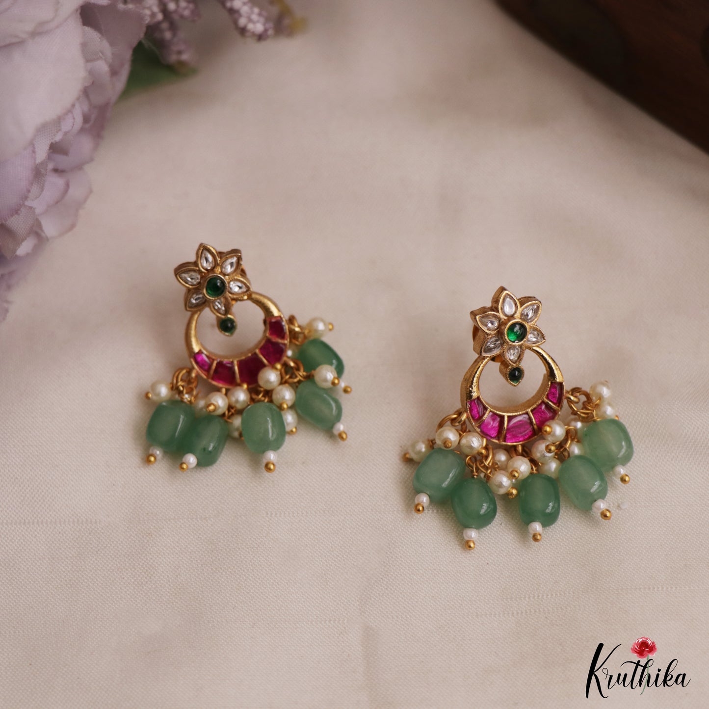 Elegant Floral Motifs Chandbali Jadau Earrings With Green Bead Drops E1151