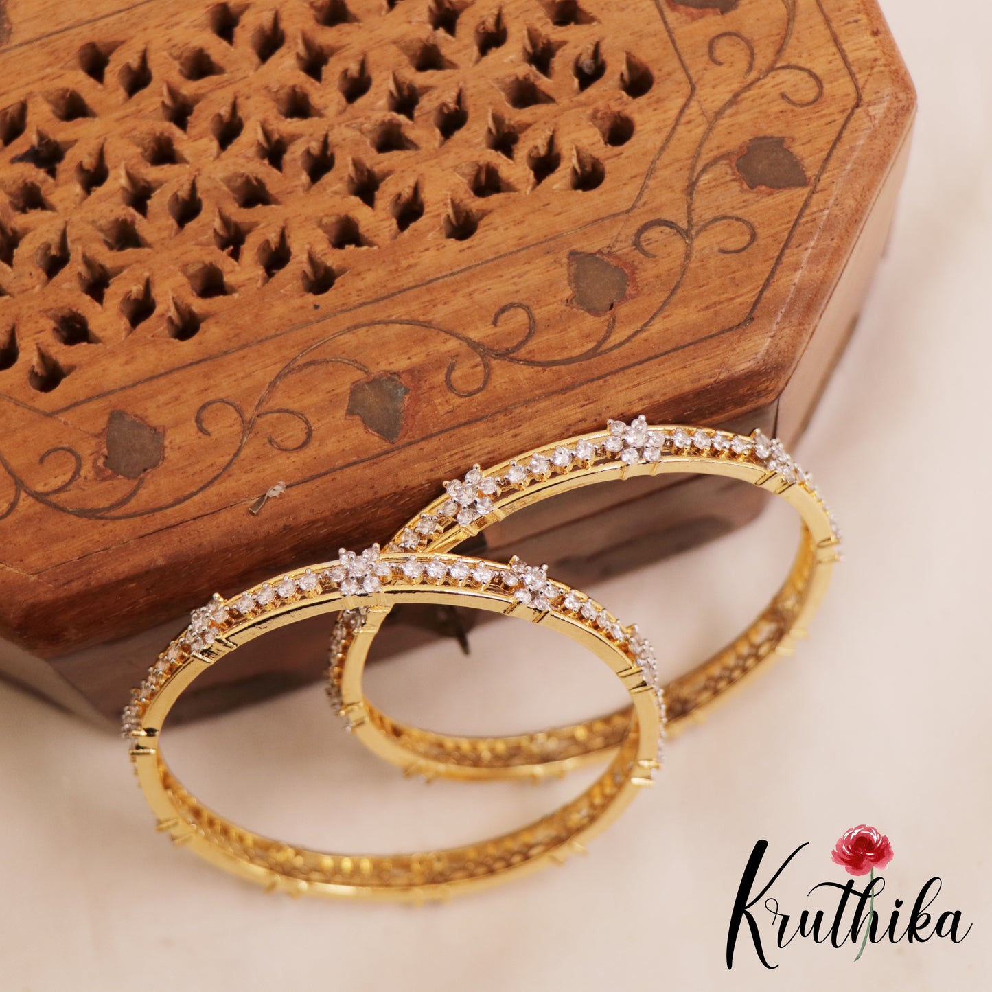 Elegant Floral Motifs Diamond-Finish Gold-Tone AD Bangles B522 (Set Of 2)