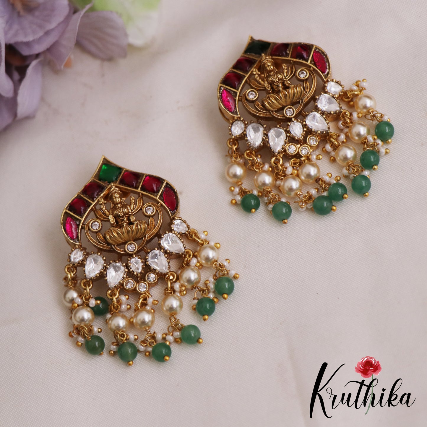 Classic Lakshmi Motifs Stud Earrings With Green Bead Drops E1056