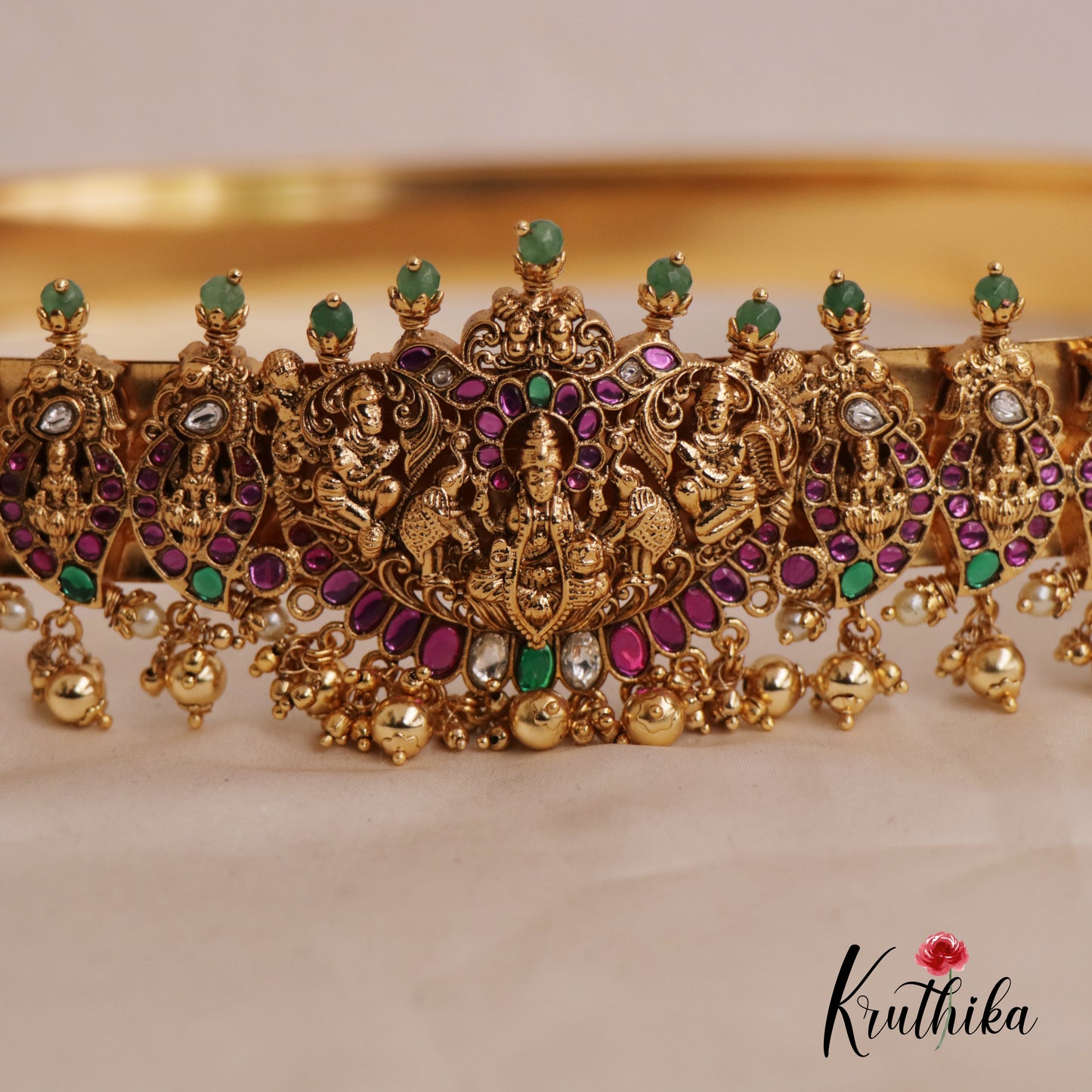 Beautiful Lakshmi Jadau Hip Belt With Golden Bead Drops V316