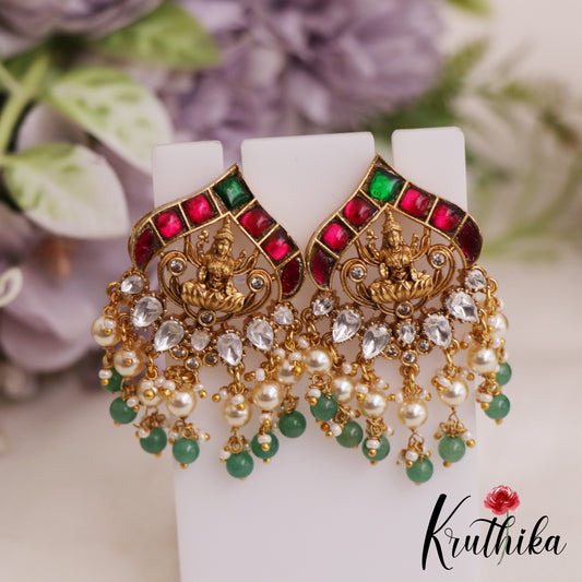 Classic Lakshmi Motifs Stud Earrings With Green Bead Drops E1056