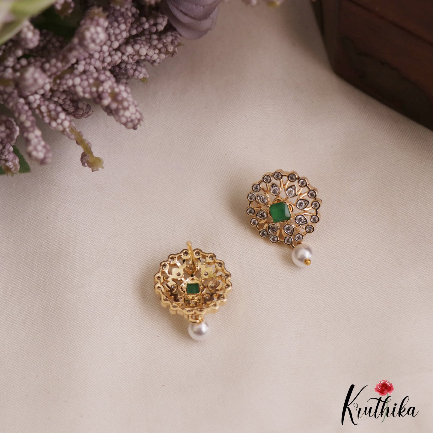 Simple Floral Motifs AD Stud Earrings With Pearl Drop E1112 (Available In 2 Colors)