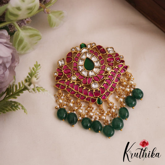 Gorgeous Teardrop Motifs Jadau Pendant With Green Bead Drops PS285