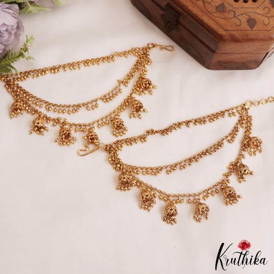 Beautiful Triple Strand Gold Bead Earchains With Jhumka EC220