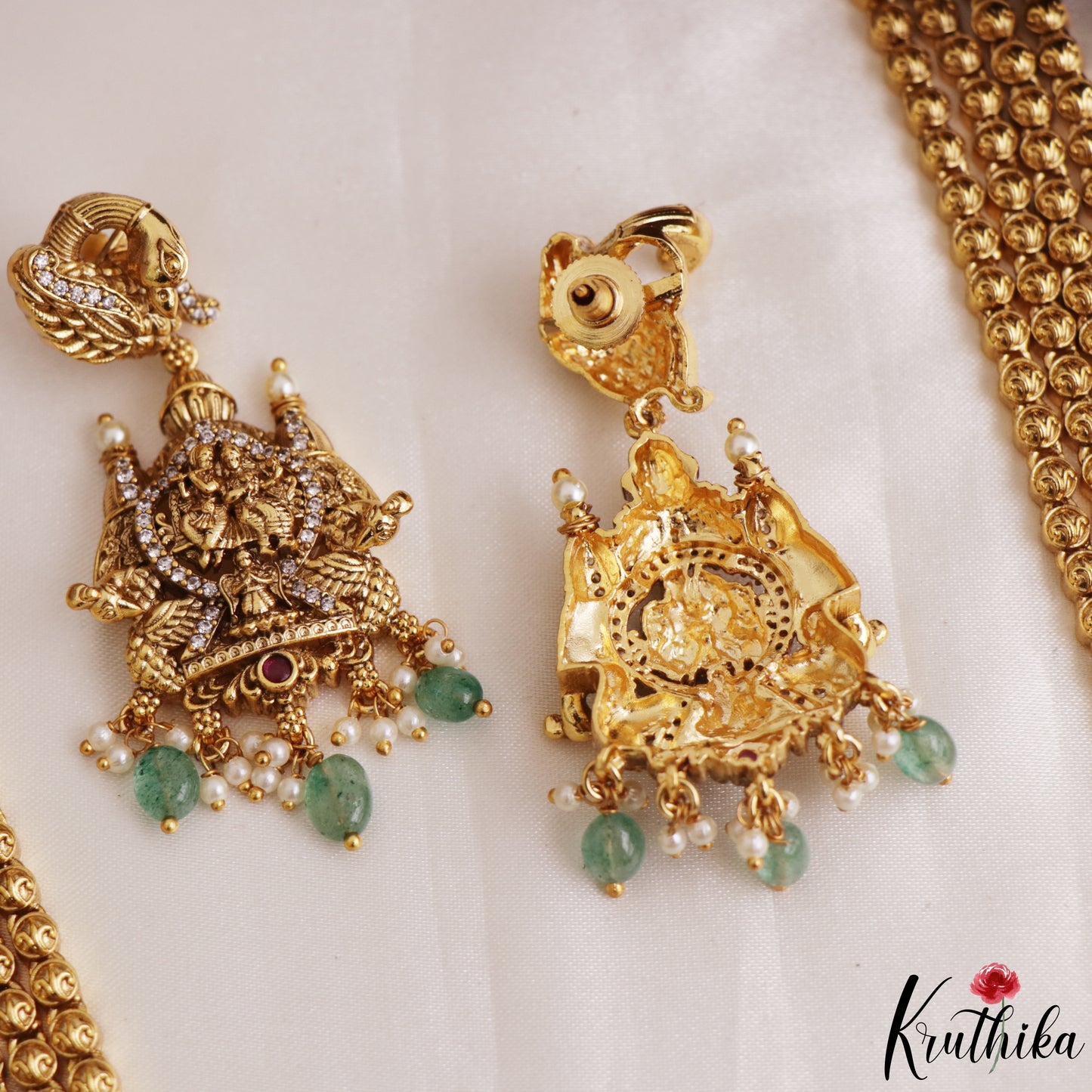 Grand Antique Nagas Radha Krishna Motifs Temple Haaram With Green Bead Drops LH2179
