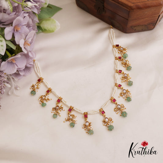 Trendy Teardrop Motifs Jadau Pearls Necklace With Green Bead Drops NC2732