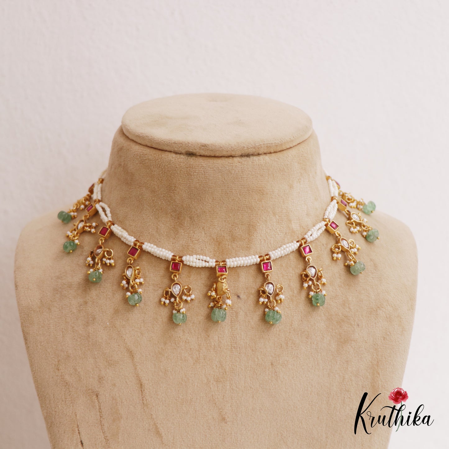 Trendy Teardrop Motifs Jadau Pearls Necklace With Green Bead Drops NC2732