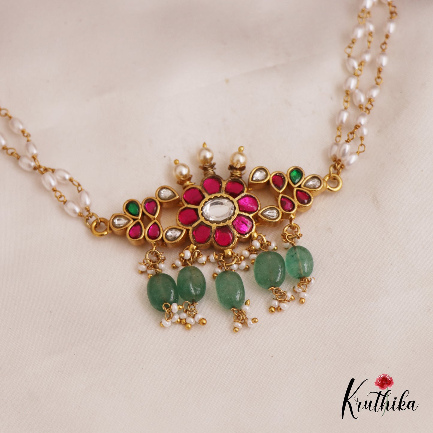 Gorgeous Floral Motifs Jadau Choker With Triple Strand Pearl Chain NC2734 (For Kids)