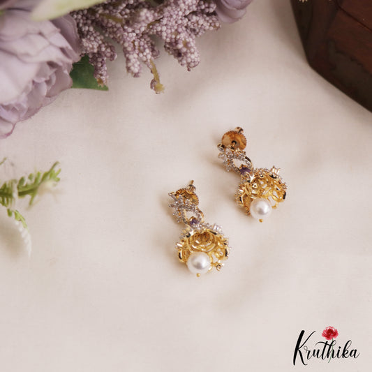 Pretty Floral Motifs CZ Jhumkas With Pearl Drop E1124 (Available In 2 Colors)