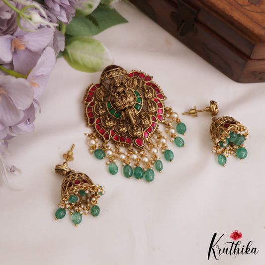 Premium Antique Lakshmi Motifs Jadau Pendant Set With Green Bead Drops PS281 (Available In 3 Colors)