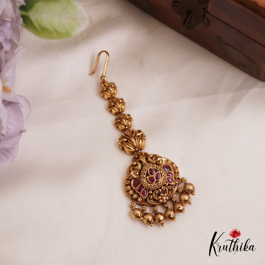 Beautiful Antique Peacock Motifs Kemp Maang Tikka With Golden Bead Drops MT363 (Available In 2 Colors)