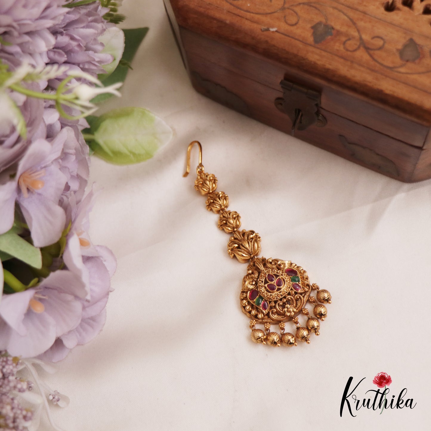 Beautiful Antique Peacock Motifs Kemp Maang Tikka With Golden Bead Drops MT363 (Available In 2 Colors)