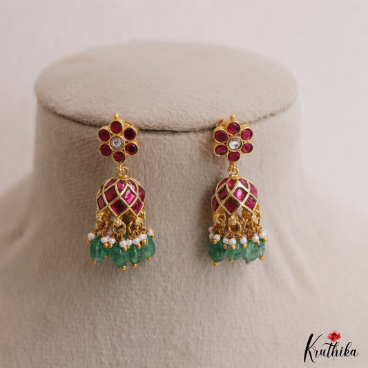 Pretty Floral Motifs Jadau Jhumkas With Green Bead Drops E1155