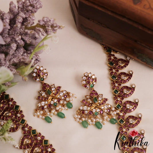 Stunning Mango Motifs Kemp Necklace With Green Bead Drops NC2829
