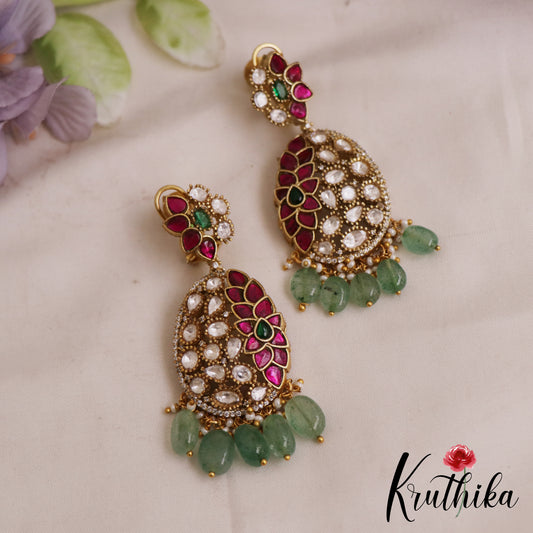Beautiful AD Floral Leaf Motifs Jadau Earrings With Green Bead Drops E1064