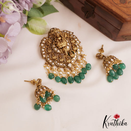 Premium Antique Lakshmi Motifs Jadau Pendant Set With Green Bead Drops PS281 (Available In 3 Colors)