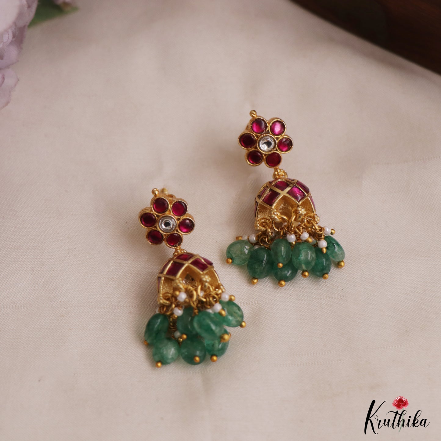 Pretty Floral Motifs Jadau Jhumkas With Green Bead Drops E1155