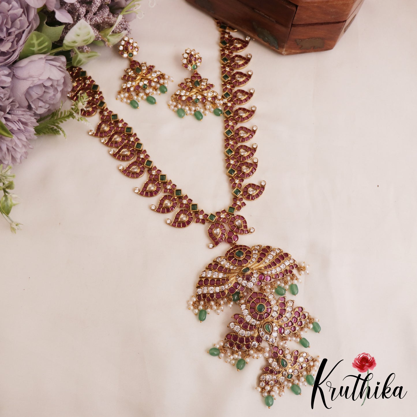 Stunning Mango Motifs Kemp Necklace With Green Bead Drops NC2829