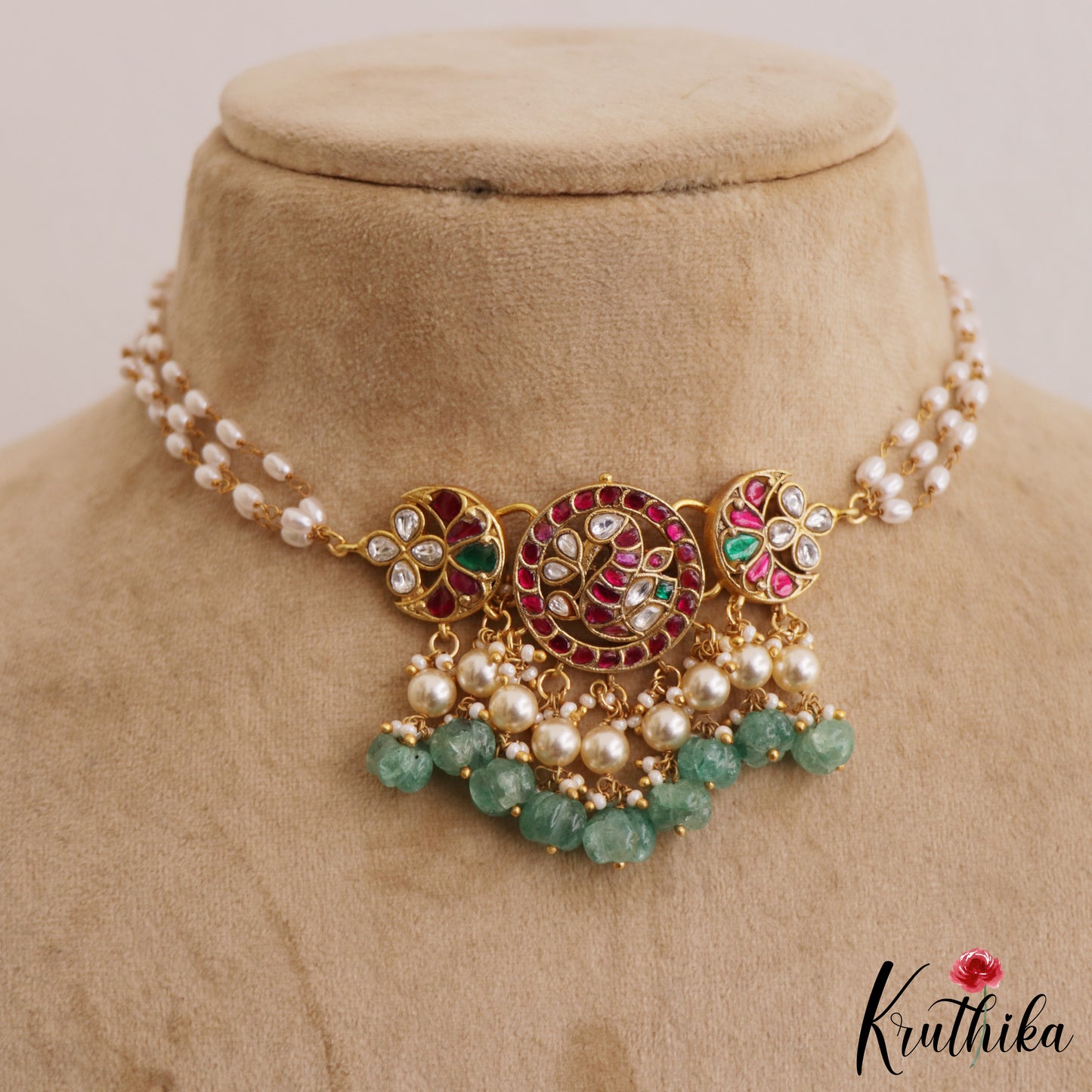 Gorgeous Peacock Floral Motifs Jadau Choker With Triple Strand Pearl Chain NC2622